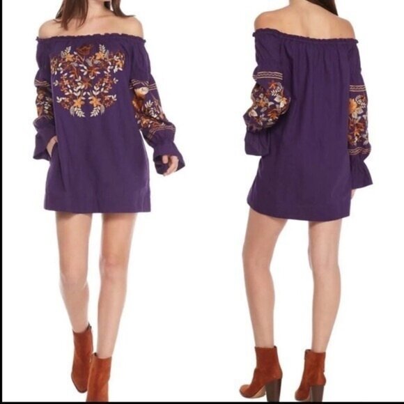 EUC Free People Dress Womens Purple Fleur Du Jour Floral Embroidered Mini Boho M - Picture 1 of 8